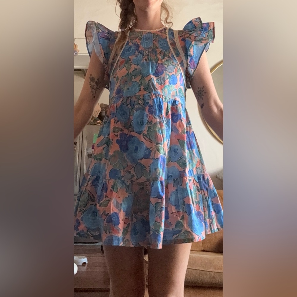 PINCH Floral Flutter Sleeve Tiered Cotton Mini Dress - Blue Peach